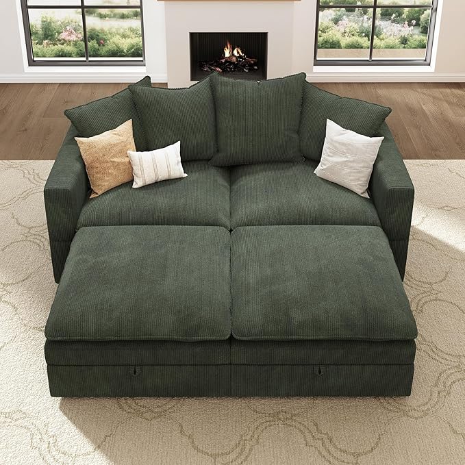 HONBAY Modular Sectional Sleeper Sofa, Corduroy 4 Seater Couch with Storage, Sectional Sleeper Couches for Living Room, Green