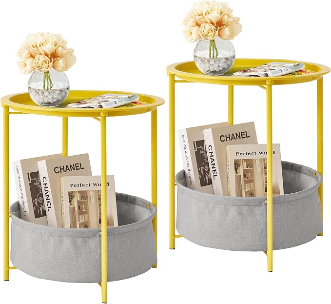 VECELO Round Side/End Table with Fabric Storage Basket，Metal Anti-Rust and Waterproof Small Bedside Nightstand with Removable Tray Top for Living Room，Balcony & Laundry，Yellow /2pcs with Basket by VECELO