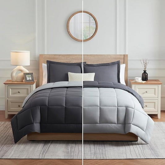 Nestl Polyester Comforter, All Season Grey/Light Grey, Full Size with 2 Pillow Shams, Down Alternative, Box Stitching, Corner Tabs
