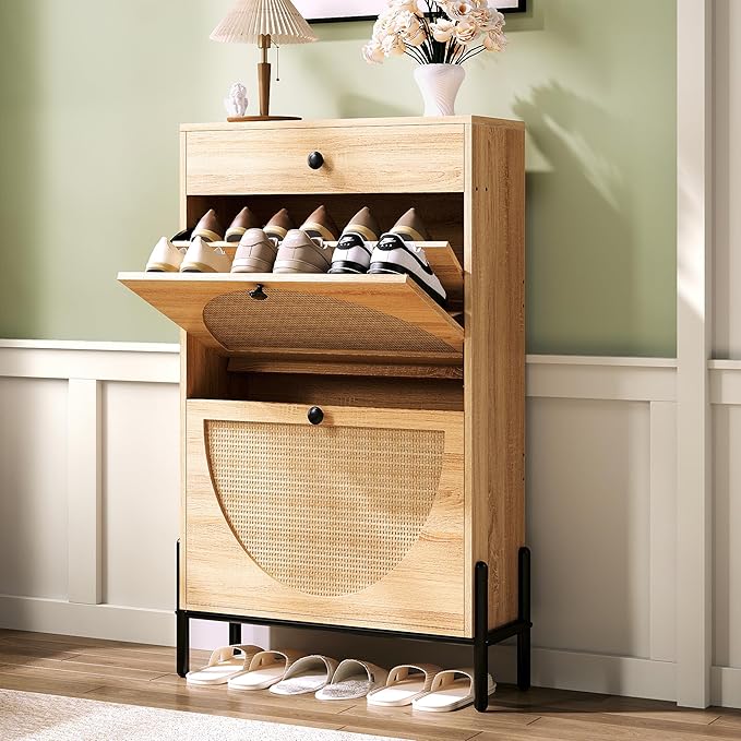 IRONCK Shoe Cabinet with 2 Flip Drawers, Shoe Storage Cabinet for Entryway, Free Standing Shoe Storage Organizer with Rattan Doors Slim Narrow Shoe Rack Cabinet, Oak by IRONCK