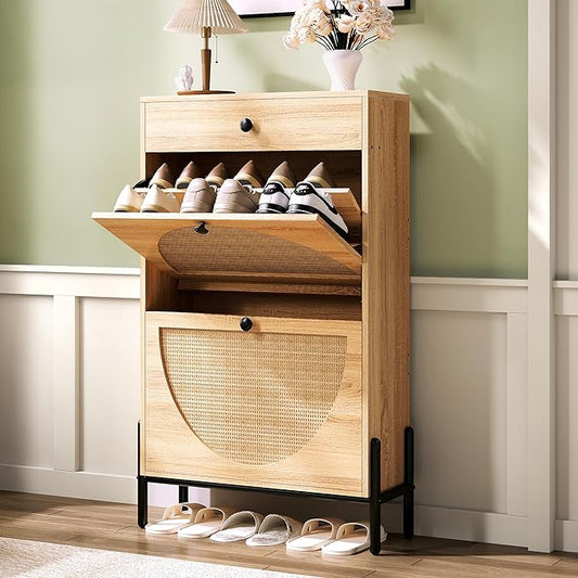 IRONCK Shoe Cabinet with 2 Flip Drawers, Shoe Storage Cabinet for Entryway, Free Standing Shoe Storage Organizer with Rattan Doors Slim Narrow Shoe Rack Cabinet, Oak by IRONCK