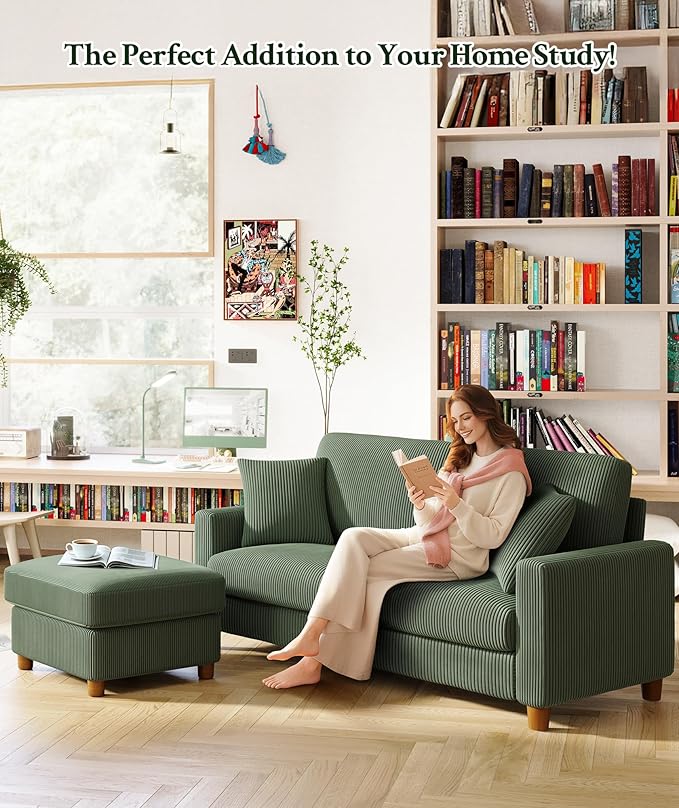 70.2" Couches for Living Room, Comfy L Shaped Couch Green 7.1" Thicker Cushion, Sofas for Living Room Tool-Free Setup, Loveseat with Ottoman 705lbs Support, Corduroy Couch for Bedroom, Office