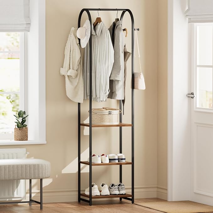Garment Rack, Coat Rack With 3 Shelves and 4 Hooks, 71" H Clothes Stand For Hanging Clothes, Hanging Rod For for Bedroom, Hallway, Entryway, Office, Living Room, Rustic Brown and Black - Image 2