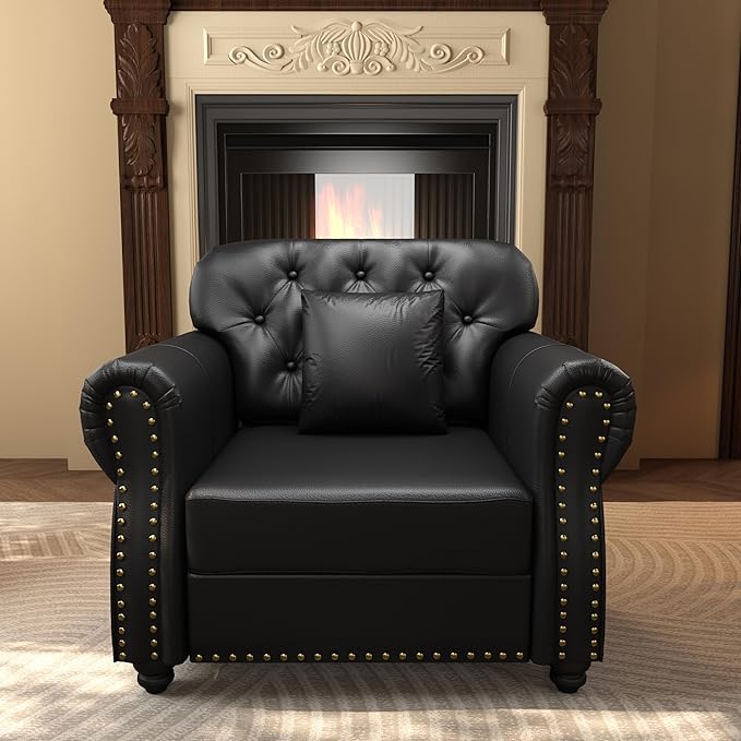 KEIKI 41" Faux Leather Chesterfield Sofa with Rolled Arms & Nailhead Trim & 1 Ottoman, 1-Seater Button Tufted Couch with High Resilience Cushion & 1 Pillow, Easy Assembly, for Living Room, Black