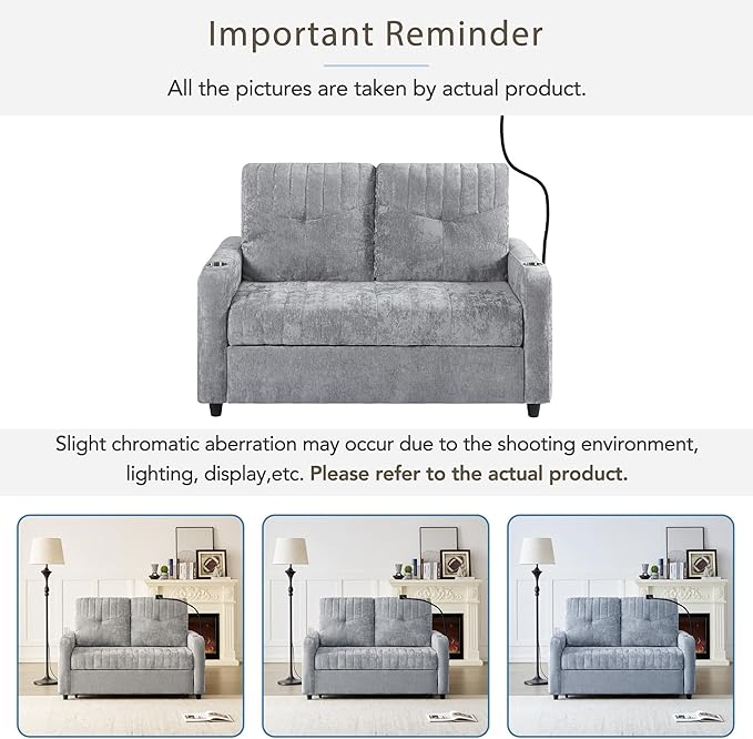 Merax Chenille 3-in-1 Pull Out Sleeper Sofa Bed Couch, 54" Convertible Futon Loveseat with Adjustable Backrest, 2 Cup Holders, Phone Stand, 3 Charging Ports and Storage Pockets for Living Room, Gray