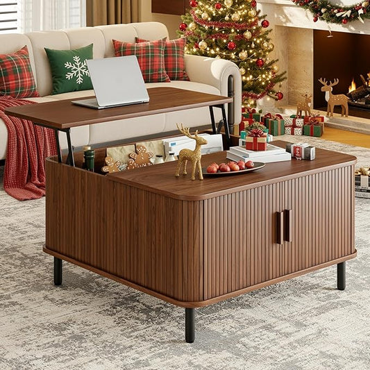 ONBRILL Lift Top Coffee Table with Large Hidden Compartment, Wood Square Coffee Table with Adjustable Footpads, Mid-Century Modern Lift Tabletop Dining Table for Living Room, Home Office, Walnut
