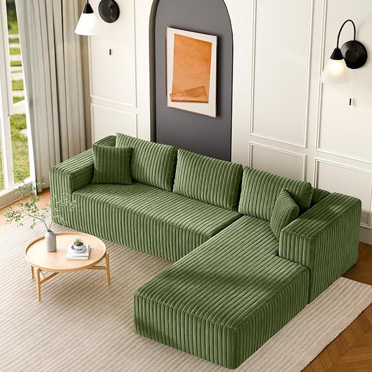 106" Modular Sectional Sofa, Green Corduroy Cloud Couch with Left Chaise, Deep Seat Boneless Floor Sofa for Living Room, High-Resilience Foam Support, No Assembly Required, Includes Pillows | Sectional Sofa, Corduroy Cloud, Boneless, High-Resilience, N...