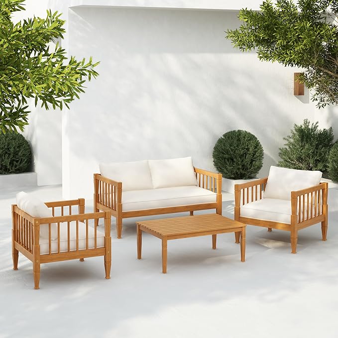 Christopher Knight Home 4-Piece Patio Furniture Set with Coffee Table, Acacia Wood Outdoor Conversation Set, 4 Seater Patio Sofa Set with Thick Cushions for Backyard,Balcony, Teak+Beige