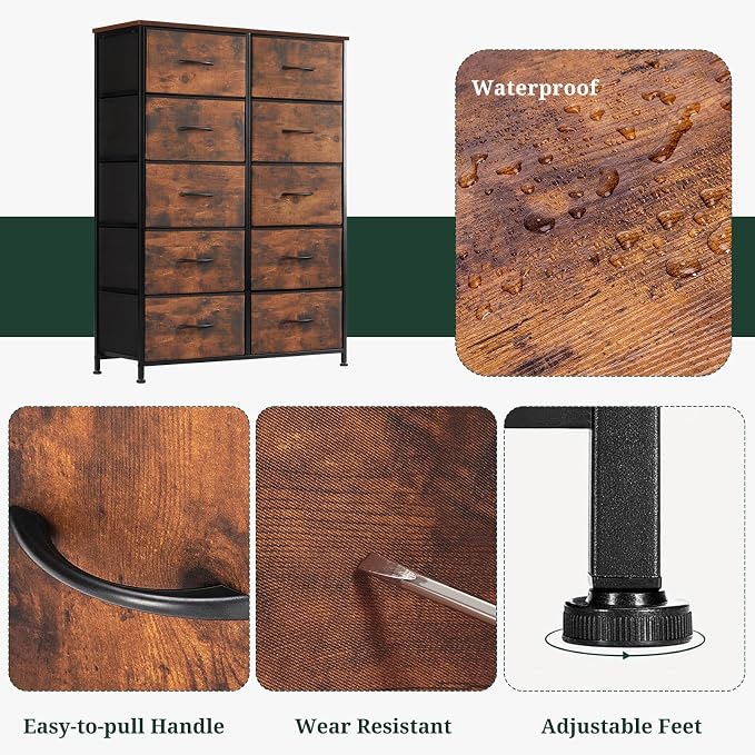 10-Drawer Dresser for Bedroom, Anti-Tip Tall Storage Organizer Chest of Drawers with Wooden Top and Metal Frame Fabric Bins for Closet, Living Room, Hallway, Entryway, Brown - Image 7