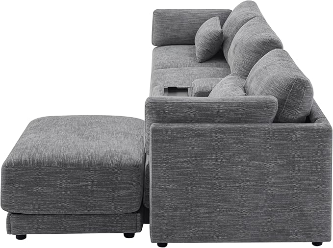 124" L-Shaped Corner Sectional Sofa with Multi-Functional Storage Console for Home Apartment, Luxury Chenille Upholstered Cloud Couches W/Wireless Charger & Ottoman