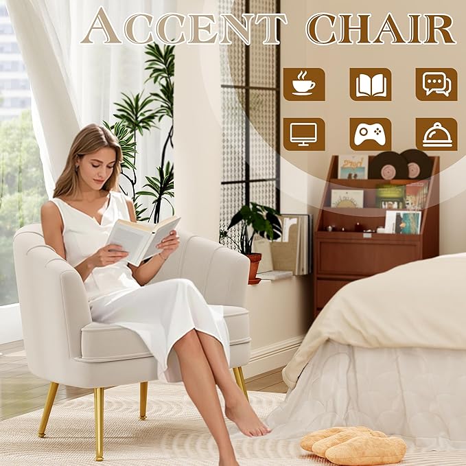 Andeworld Velvet Accent Chair, Upholstered Modern Single Sofa Side Chair,Comfy Barrel Club Living Room Armchair with Golden Metal Legs for Bedroom Living Reading Room Office, Beige