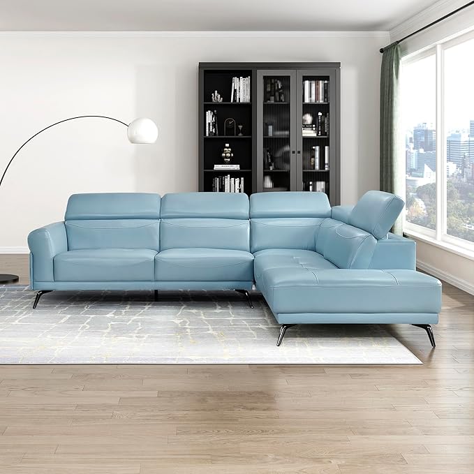 Lexicon L-Shaped Sectional Couch with Right Chaise, Top Grain Leather Match Sectional Sofa, Adjustable Headrests, Black Chrome Metal Legs, High-Density Cushions, Stitching, for Living Room, Blue