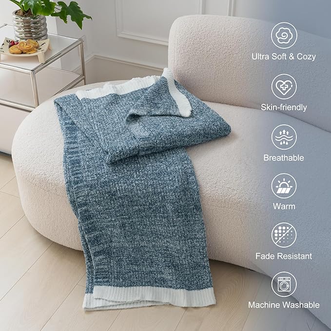 MH MYLUNE HOME Ultra Soft Ribbed Throw Blanket for Couch 60x80 Inches Luxurious Super Cozy Fluffy Microfiber Blanket Plush Warm Reversible Throw Blankets for Sofa Bed - Blue 60 x 80 Inches