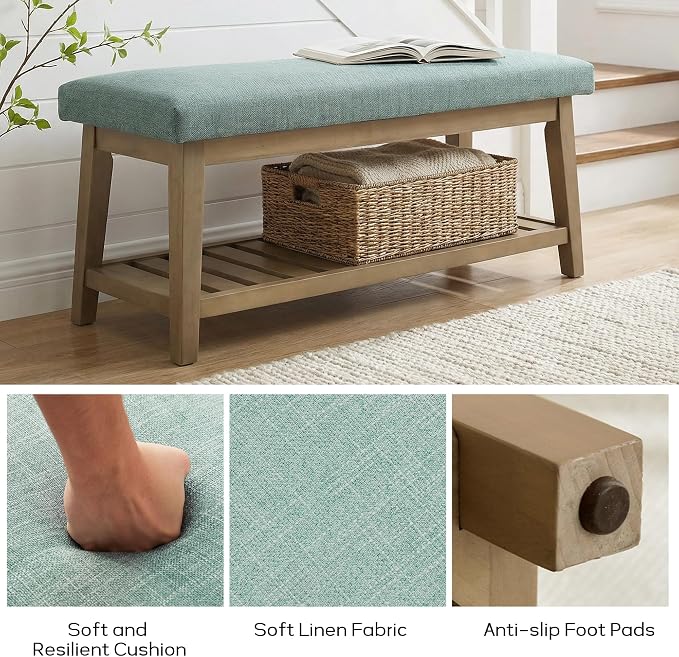 Entryway Bench with Cushion, Upholstered Shoe Rack Bench with Solid Wood Shelf, 44" End of Bed Bench for Bedroom, Chenille Fabric Storage Bench for Entryway, Hallway, Living Room (Teal) - Image 9
