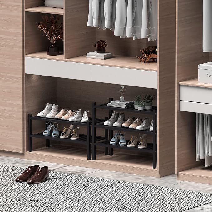 ROMGUAR CRAFT 2 Tier (Thick) Bamboo Shoe Rack for Closet Free Standing Wood Shoe Shelf for Entryway Small Space Stackable 27"x12"x14" (Black) - Image 4