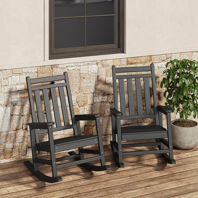 Garvee HDPE Rocking Chair Outdoor Set of 2 - Poly High Back Porch Rocker Chairs for Adults - All Weather Resistant Furniture for Patio Front Porch - Black by Garvee