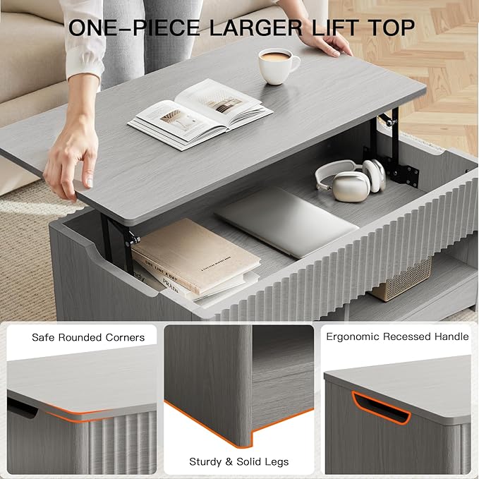 Amada Lift Top Coffee Table with Living Room, Modern Fluted Coffee Table with Drawers & Hidden Compartment, Coffee Tables for Living Room, Small Spaces, Grey