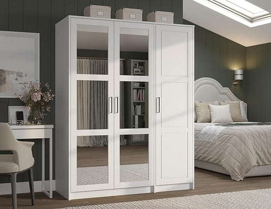 Palace Imports Solid Wood Urban 3-Door Wardrobe Armoire Closet with Mirrored Door – White Bedroom Storage, 56.5" W x 72" H x 21.75" D, 100% Eco-Friendly Pine, Made in Brazil