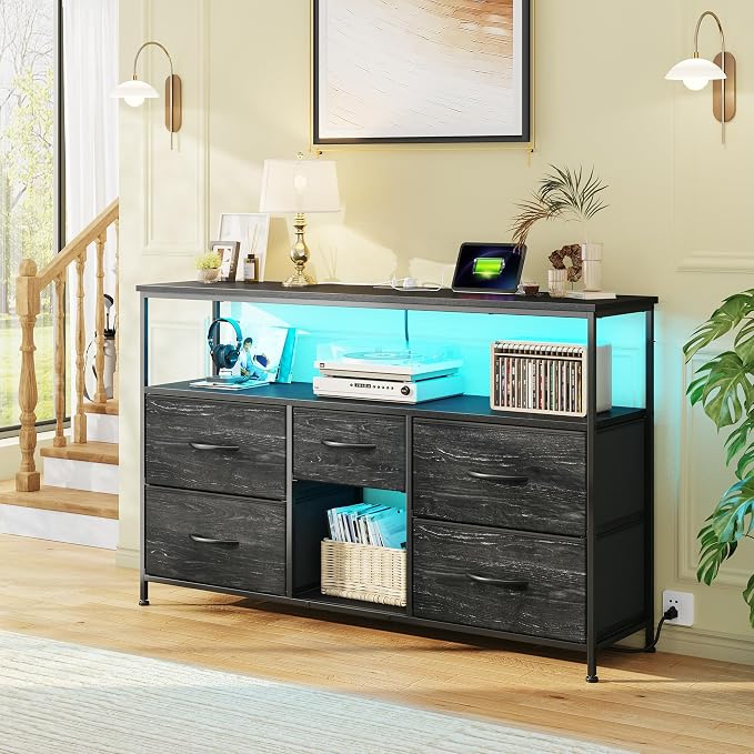 Romorgniz Dresser TV Stand for 50" TV with Power Outlets & LED Light, Entertainment Center with Storage 5 Fabric Drawers Dressers TV Stand for Bedroom, Living Room, Grain Black - Image 9