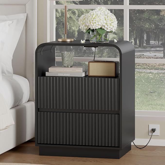 Wodeer Black Nightstand with Charging Station, Mid Century Modern Bedside Table & End Table, Fluted Wood Small Night Stand with 2 Hidden Drawers and Storage Shelf for Bedroom by WODEER