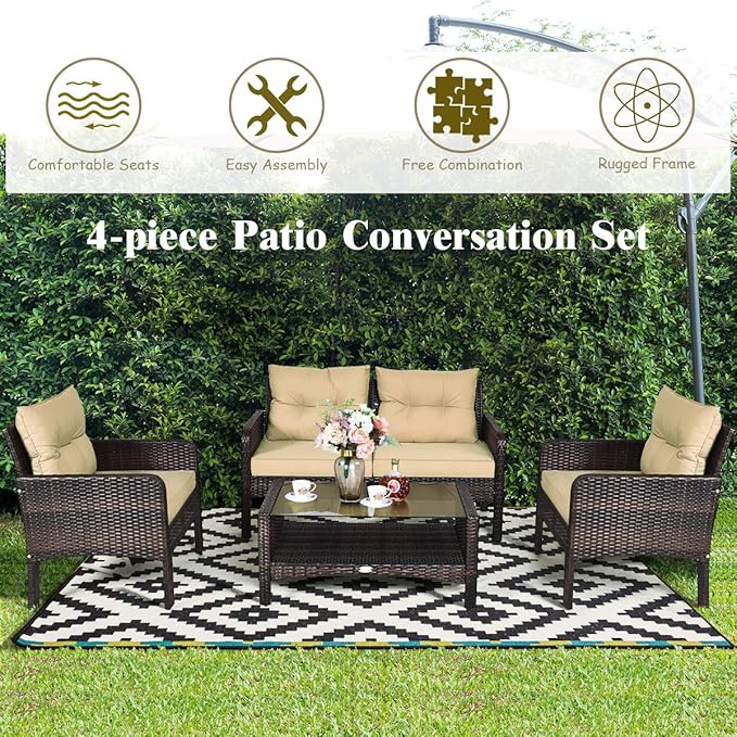 Tangkula 4 Piece Patio Furniture Set, Outdoor Wicker Conversation Set with Glass Top Coffee Table, All Weather Proof and Thick Cushions, Suitable for Porch, Garden, Poolside and Lawn (Brown)