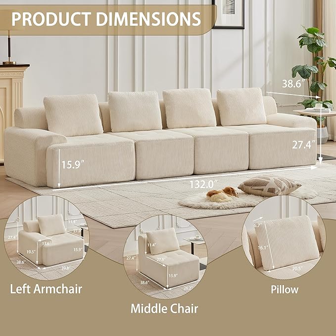 Modular Sectional Sofa with Movable Ottoman, 4 Seat Deep Seat Couch with 4 Pillows, Comfy Cloud Sectional Sofa for Living Room, Bedroom and Apartment (White, 1 Left+1 Right+2 Middle)