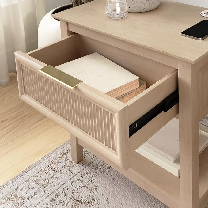 Bush Home Fluted Nightstand with Drawer, Bedroom Furniture, Camille Collection, Natural Birch Beige - Image 6