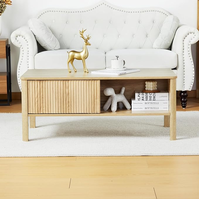 Mid-Century Modern Rectangular Wood Coffee Table with Dual Storage Shelf, Storage Center Coffee Tables with Waveform Panel Sliding Door Dining Table for Living Room Apartment(Natural)