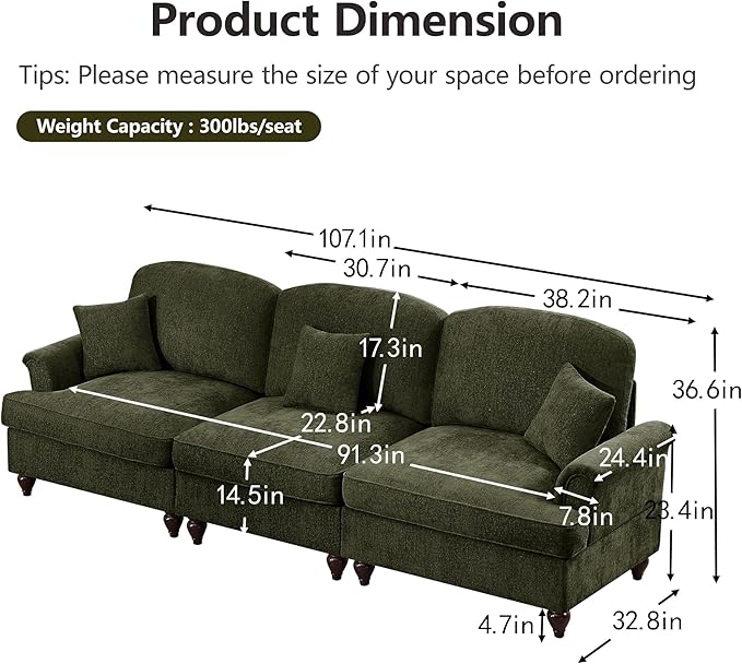KEIKI Mid Century Modular Sofa with Flared Arms and Skirted Design, 107” Oversized 3-Seater Luxury Chenille Sectional Couches for Living Room, Big Comfy Couch Bedroom Furniture, Green