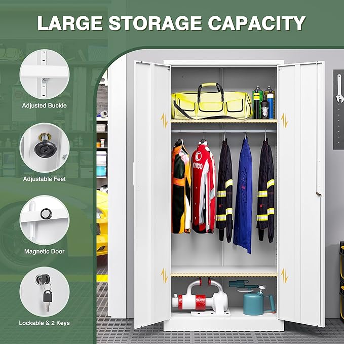 Metal Wardrobe Closet Cabinet,White Armoire Wardrobe Closets Storage Cabinets with Doors and Shelves for Laundry Room,Bedroom,Home Office,Bathroom(Long Handle)