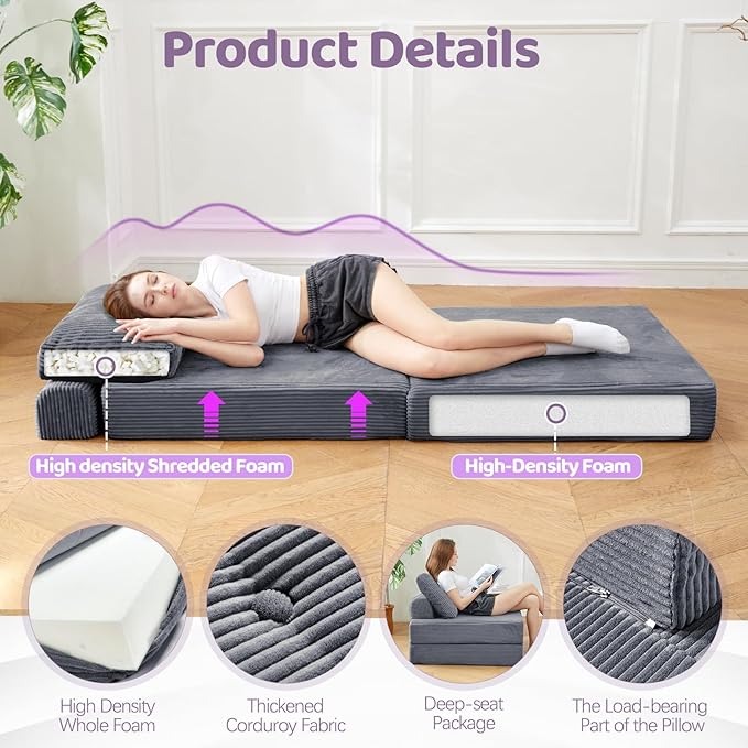 Folding Chair Bed, Convertible Sofa Bed with Pillows,Fold Out Chair Bed with High-Density Foam,Chair Bed Sleeper for Adults Perfect for Living Room 、Hotel 、Apartment ， Single, Dark Gray