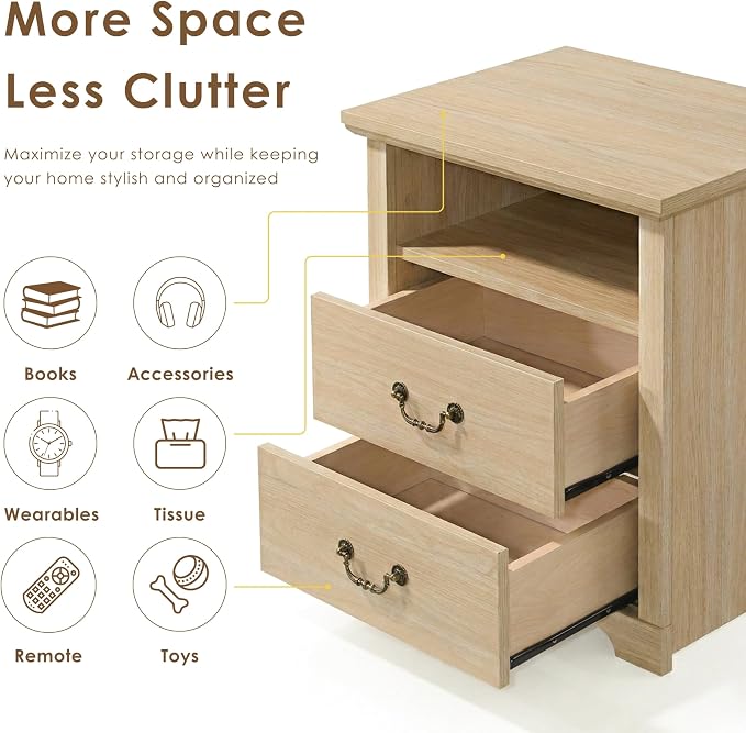 24/7 Shop at Home Elrik Modern 22-inch Wood Nightstand with Open Shelf, 2 Drawers and Ornate Handles, Wooden Night Stand for Bedroom, Apartment, Small Bedside Table, Oak - Image 5