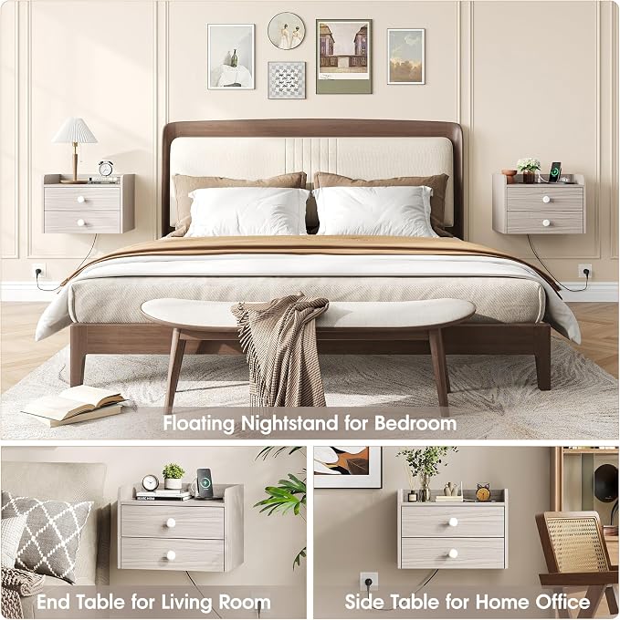 Floating Nightstand Set of 2 with 2 Storage Drawers and Charging Station Wood Wall Mounted Bedside End Table Modern Night Stands Set 2 for Bedroom,Small Space,Grey - Image 7