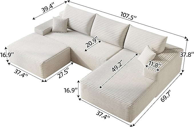 107" Corduroy Couch with Ottoman, Cloud Sectional U Shaped Sofa, Deep Seat Boneless Couches for Living Room Bedroom Apartment, Compressed Foam No Assembly Required, Right Facing Chaise, White