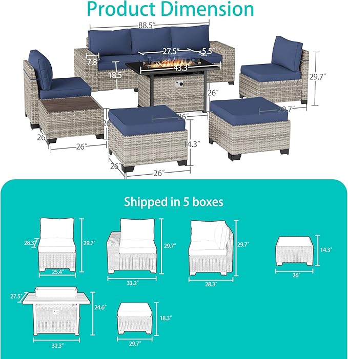 9-Piece Outdoor Patio Furniture Set with 55,000 BTU Fire Pit Table, PE Wicker Rattan Sectional Sofa Patio Conversation Set with Ottomans & Coffee Table, Dark Blue