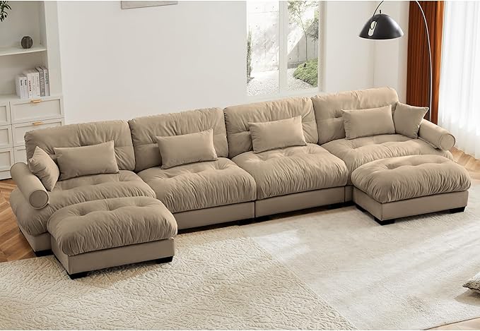 KEIKI 166" U-Shaped Oversized Velvet Modular Sectional Sofa with 2 Ottoman, High-Density Foam Cushions and Bolstered Armrests, Upholstered 4-Seater Cloud Couch with 6 Pillow, for Living Room, Camel