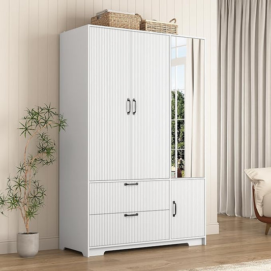 68.5” Armoire Wardrobe Closet with Mirror Door, Freestanding Modern Wooden 3 Doors Fluted Closet with 2 Drawers & Storage Cabinet & Adjustable Shelves & Hanging Rod for Bedroom (White)