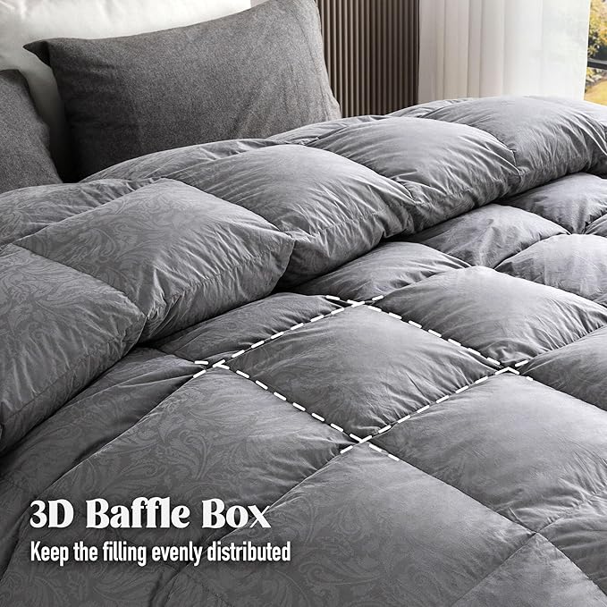 DAICO Goose Feather Down Comforter King Size, All Season Luxury Hotel Fluffy Duvet Insert, Ultra Soft 100% Cotton Shell with 8 Corner Tabs, Paisley Design (106x90'', Grey)