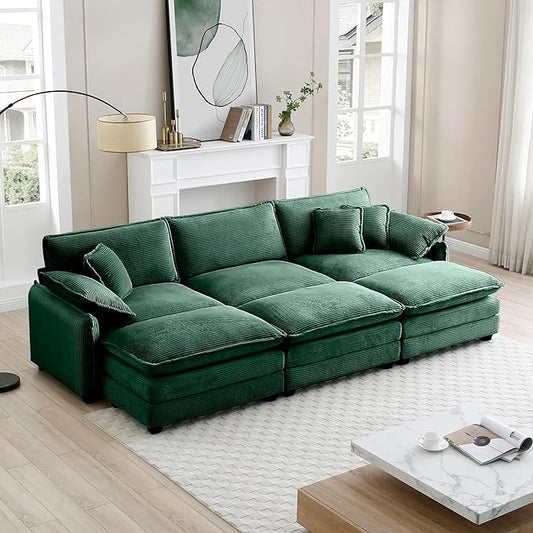 KEIKI 115" Oversized Corduroy Modular Sectional Sofa with 3 Ottoman, High-Density Foam Cushions, Removable Armrests, Upholstered 3-Seater Fluffy Corner Couch with 5 Pillow, for Living Room, Green