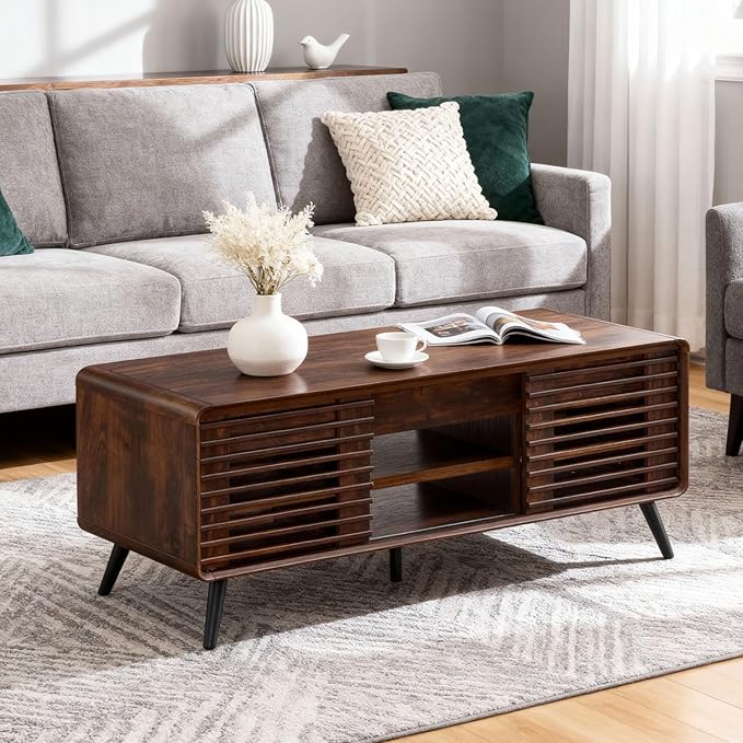 OKD Lift Top Coffee Table w/Sliding Slatted Door, 48" Mid Century Modern Wood Center Table w/Hidden Storage Compartment & Adjustable Shelf, Lift Tabletop Dining Table for Living Room (Dark Walnut)
