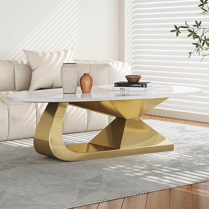Glintee 51.2" Oval Coffee Table with Marble Top, Gold Stainless Steel Base, Scratch & Heat Resistant, Modern Living Room Centerpiece.