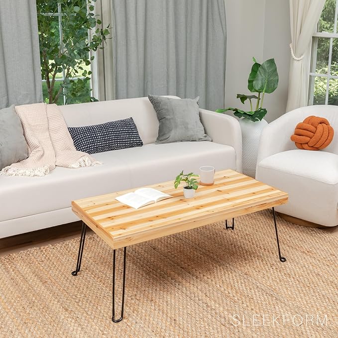 Sleekform Folding Wooden Coffee Table - Collapsible 20x40 Light Wood Mini Desk - Lightweight Foldable Coffee Table for Small Spaces - Fold Up Hairpin Legs - Birch Wood Finish