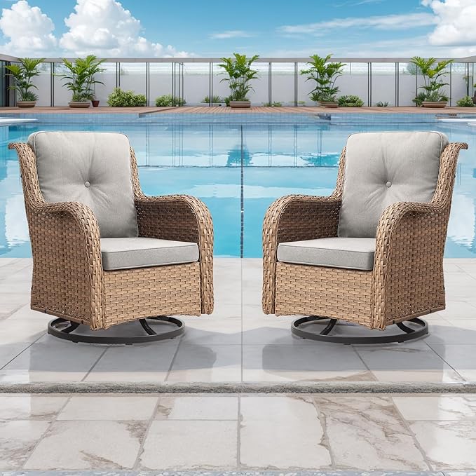 Rilyson Patio Chairs Rocking Swivel Chiar - 3 Piece Outdoor Wicker Patio Bistro Set Rattan Rocker Glider Chairs with High Back and Deep Seating for Outside Porch Deck Garden(Yellow/Beige)