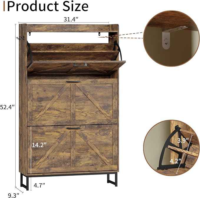 Shoe Cabinet with 3 Flip Drawers, Freestanding Hidden Shoe Storage Organizer for Entryway, Narrow Slim Shoe Rack Cabinet with Open Storage & Hooks for Front Door Entrance, Living Room, Hallway, Brown - Image 2