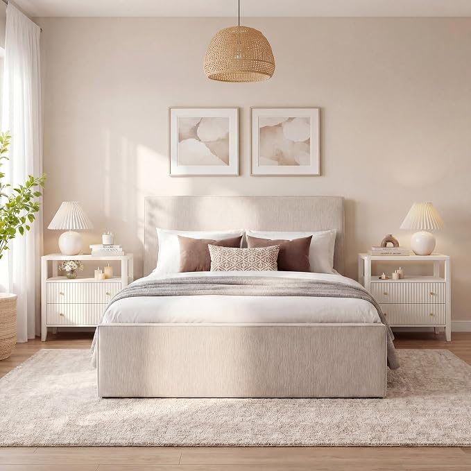 Nightstand with Charging Station, 27.3" Wide Fluted Bedside Tables with 2 Drawers & Open Shelf, Large End Tables with Storage, Metal Handle & Rounded Corners for Bedroom,Alabaster White - Image 6