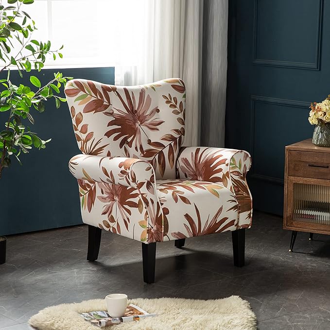 YOLENY Mid Century Wingback Arm Chair,Modern Upholstered Fabric High Back Accent Chair with Wood Legs,Upholstered Single Sofa Club Chair for Living Room, Bedroom, Home Office,Red Leaves
