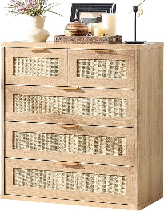 LEYAOYAO Rattan Dresser for Bedroom, 33.5" Tall Chest of Drawers, Modern 5 Drawers Boho Dressers with Storage, Light Oak Dresser Wooden Closet Organizer for Living Room, Hallway, Natural Wood by LEYAOYAO-Findtheshiningpointofyourideallife%EF%BC%81