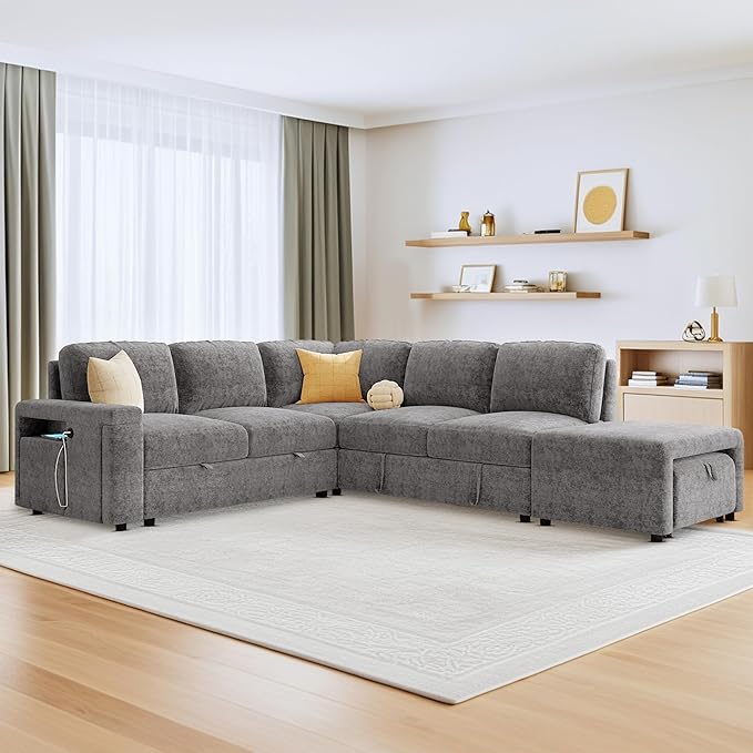 ERYE L-Shaped Multifunctional Sleeper Sectional with Hidden Storage and Cupholders, Modern Pull Out Sleeper Convertible Sofa Bed W/Storage Chaise, Ottoman, USB-C Ports