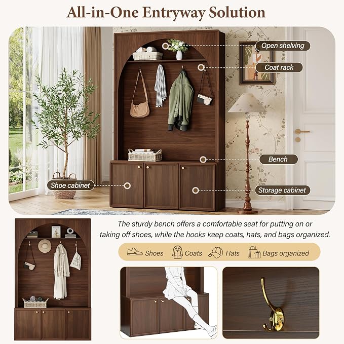 LUMISOL Entryway Hall Tree with Storage Bench, Arched Coat Rack with 4 Golden Hooks, Adjustable Shelves, and 3 Cabinets, Walnut - Image 5