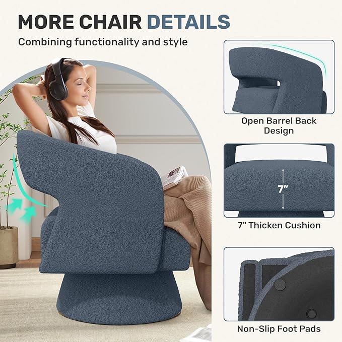 Nebuaegis Swivel Accent Chair Set of 2, Modern Comfy Teddy Barrel Chairs, Oversized Upholstered Round Arm Chair for Living Room, Bedroom, Reading Room, Blue